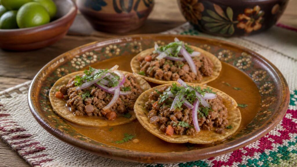 Sopitos de Colima con picadillo, cebolla y cilantro bañados en jugo sobre un plato de barro