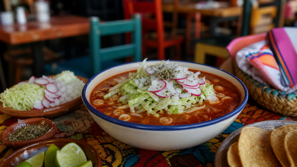 Pozole rojo mexicano servido con lechuga, rábanos, cebolla y tostadas