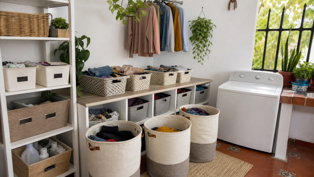 Área de lavandería organizada con canastos para separar ropa y estantes para mantener el orden.