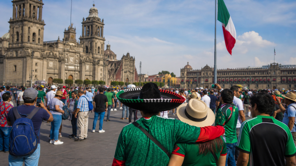 Visitantes y aficionados conviven en una plaza histórica de México durante el Mundial 2026