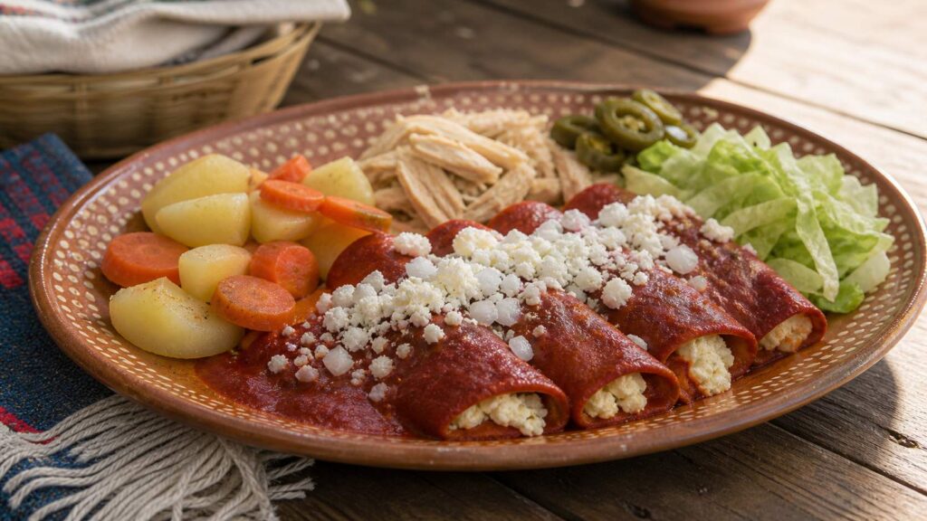 Enchiladas mineras de Guanajuato con salsa de chile guajillo, queso, pollo, papas y zanahorias en plato de barro
